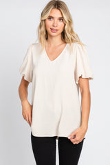 Beige Puff Sleeve V-Neck Maternity Top