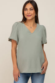 Sage Puff Sleeve V-Neck Maternity Top