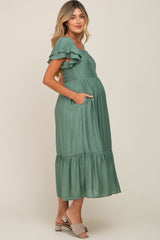 Green Flutter Sleeve Maternity Midi Dress