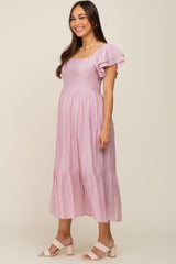 Mauve Flutter Sleeve Maternity Midi Dress