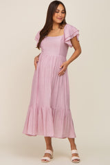 Mauve Flutter Sleeve Maternity Midi Dress