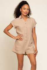 Taupe Gauze Button Up Front Pocket Romper