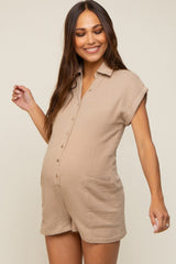 Taupe Gauze Button Up Front Pocket Maternity Romper