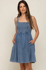 Blue Smocked Square Neck Denim Maternity Dress