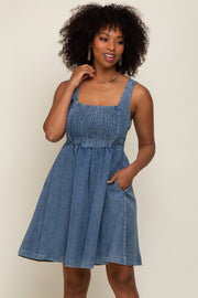 Blue Smocked Square Neck Denim Dress