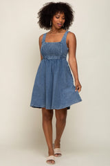 Blue Smocked Square Neck Denim Dress