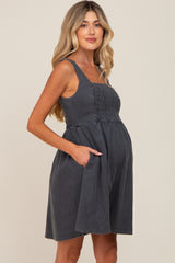 Black Smocked Square Neck Denim Maternity Dress