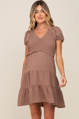 Mocha Smocked Tiered Maternity Mini Dress