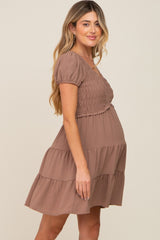 Mocha Smocked Tiered Maternity Mini Dress