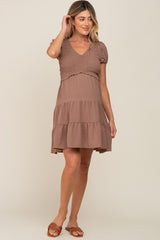 Mocha Smocked Tiered Maternity Mini Dress