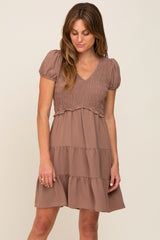 Mocha Smocked Tiered Maternity Mini Dress