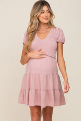 Pink Smocked Tiered Maternity Mini Dress