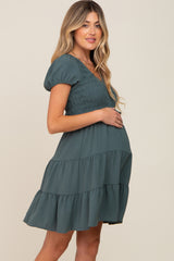 Forest Green Smocked Tiered Maternity Mini Dress