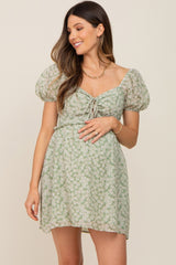 Light Olive Floral Lightweight Front Tie Cutout Maternity Dress