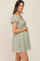 Light Olive Floral Lightweight Front Tie Cutout Maternity Dress