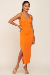 Orange Knit Square Neck Cutout Knot Back Midi Dress