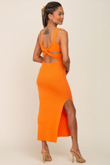 Orange Knit Square Neck Cutout Knot Back Midi Dress