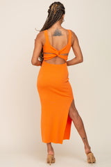 Orange Knit Square Neck Cutout Knot Back Midi Dress