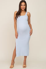 Light Blue Knit Square Neck Cutout Knot Back Maternity Midi Dress