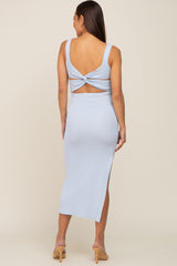 Light Blue Knit Square Neck Cutout Knot Back Maternity Midi Dress