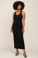 Black Sleeveless Ribbed Maternity Maxi Dress