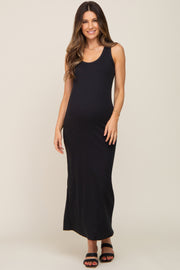 Black Sleeveless Ribbed Maternity Maxi Dress