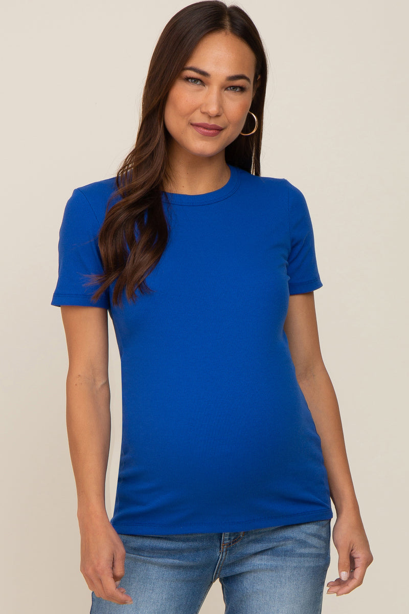 Royal Blue Ribbed Short Sleeve Maternity Top Pinkblush 9670