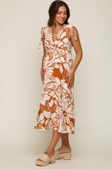 Rust Floral Shoulder Tie Maternity Midi Dress