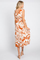 Rust Floral Shoulder Tie Midi Dress