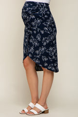 Navy Blue Floral Knot Front Hi-Low Maternity Wrap Midi Skirt