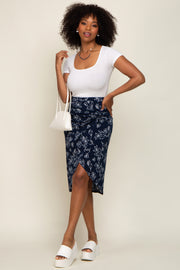 Navy Blue Floral Knot Front Hi-Low Wrap Midi Skirt