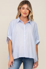 Light Blue Striped Button-Down Dolman Short Sleeve Maternity Top