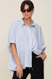 Light Blue Striped Button-Down Dolman Short Sleeve Top