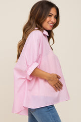 Pink Striped Button-Down Dolman Short Sleeve Maternity Top