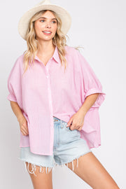 Pink Striped Button-Down Dolman Short Sleeve Top