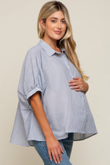 Navy Blue Striped Button-Down Dolman Short Sleeve Maternity Top