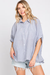 Navy Blue Striped Button-Down Dolman Short Sleeve Top