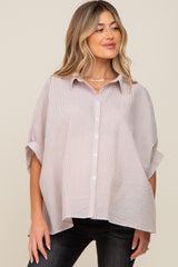 Taupe Striped Button-Down Dolman Short Sleeve Maternity Top