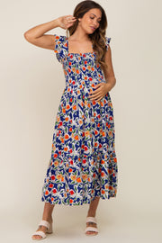 Royal Floral Sleeveless Ruffle Maternity Maxi Dress