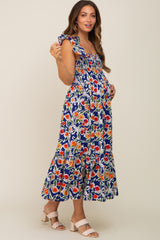 Royal Floral Sleeveless Ruffle Maternity Maxi Dress