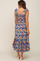 Royal Floral Sleeveless Ruffle Maternity Maxi Dress