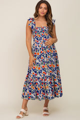 Royal Floral Sleeveless Ruffle Maternity Maxi Dress