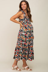 Black Floral Sleeveless Ruffle Maternity Maxi Dress