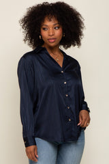 Navy Metallic Stripe Satin Maternity Long Sleeve Blouse