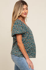 Forest Green Animal Print Puff Sleeve Maternity Top