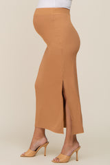 Beige Ribbed Side Slit Maternity Midi Skirt