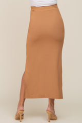 Beige Ribbed Side Slit Maternity Midi Skirt