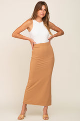 Beige Ribbed Side Slit Midi Skirt