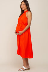 Orange Pleated Halter Maternity Midi Dress