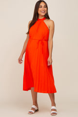 Orange Pleated Halter Maternity Midi Dress